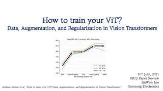 How to train your ViT?
Data, Augmentation, and Regularization in Vision Transformers
Andreas Steiner et al., “How to train your ViT? Data, Augmentation, and Regularization in Vision Transformers”
11th July, 2021
PR12 Paper Review
JinWon Lee
Samsung Electronics
 