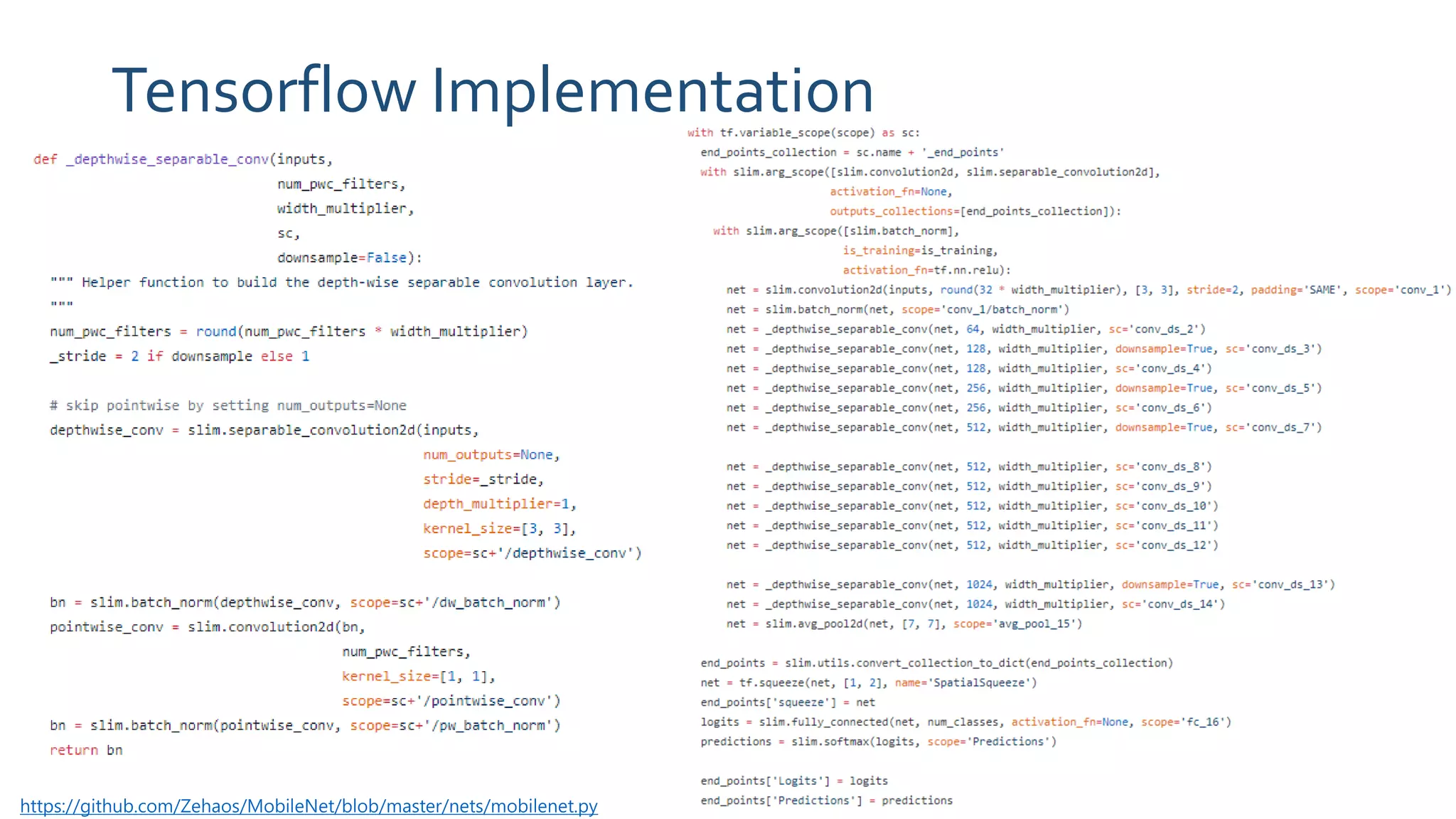 Tensorflow Implementation
https://github.com/Zehaos/MobileNet/blob/master/nets/mobilenet.py
 