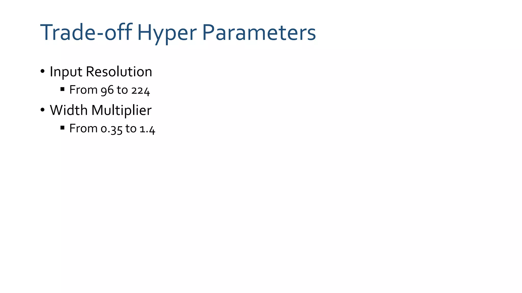 Trade-off Hyper Parameters
• Input Resolution
 From 96 to 224
• Width Multiplier
 From 0.35 to 1.4
 