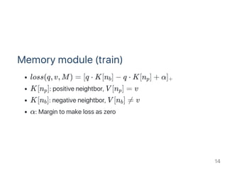 Memory module (train)
loss(q, v, M) = [q ⋅ K[n ] − q ⋅ K[n ] + α]
K[n ]: positive neightbor, V [n ] = v
K[n ]: negative neightbor, V [n ] ≠ v
α: Margin to make loss as zero
b p +
p p
b b
14
 