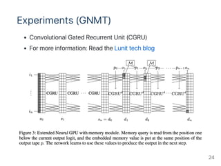 Experiments (GNMT)
Convolutional Gated Recurrent Unit (CGRU)
For more information: Read the Lunit tech blog
24
 