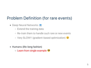 Problem Definition (for rare events)
Deep Neural Networks
Extend the training data
Re‑train them to handle such rare or new events
Very SLOW!! (gradient‑based optimization)
Humans (life‑long fashion)
Learn from single example
5
 