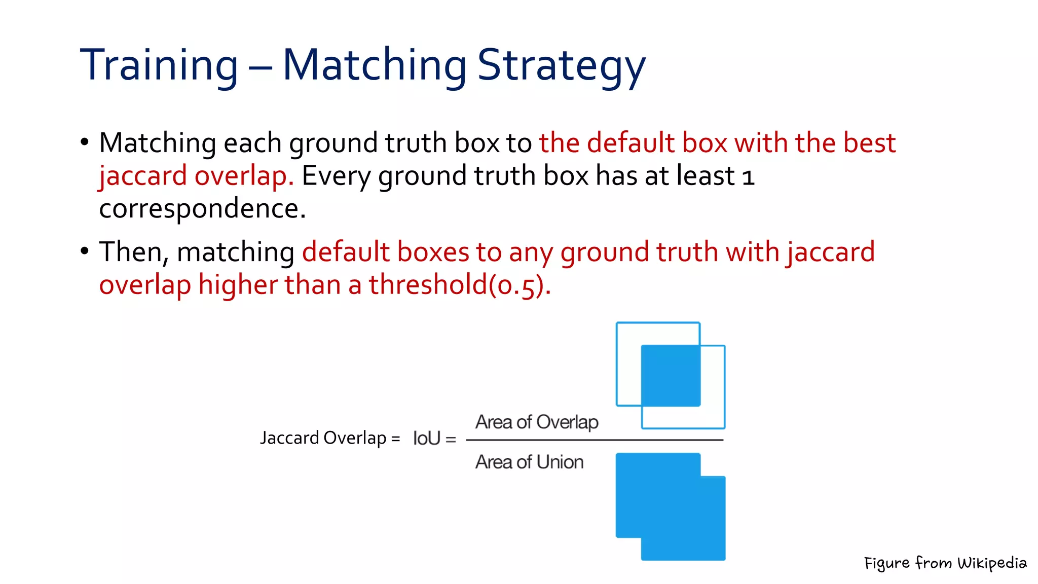 Training – Matching Strategy
• Matching each ground truth box to the default box with the best
jaccard overlap. Every ground truth box has at least 1
correspondence.
• Then, matching default boxes to any ground truth with jaccard
overlap higher than a threshold(0.5).
Jaccard Overlap =
Figure from Wikipedia
 