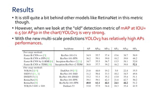 Results
• It is still quite a bit behind other models like RetinaNet in this metric
though.
• However, when we look at the “old” detection metric of mAP at IOU=
0.5 (or AP50 in the chart)YOLOv3 is very strong.
• With the new multi-scale predictionsYOLOv3 has relatively high APs
performances.
 