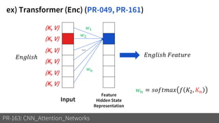 ex) Transformer (Enc) (PR-049, PR-161)
PR-163: CNN_Attention_Networks
Input
Feature
Hidden State
Representation
(K, V)
(K, V)
(K, V)
(K, V)
(K, V)
(K, V)
𝑤1
𝑤2
…
𝑤 𝑛
𝑤 𝑛 = 𝑠𝑜𝑓𝑡𝑚𝑎𝑥 𝑓 𝐾2, 𝐾 𝑛
𝐸𝑛𝑔𝑙𝑖𝑠ℎ 𝐸𝑛𝑔𝑙𝑖𝑠ℎ 𝐹𝑒𝑎𝑡𝑢𝑟𝑒
 