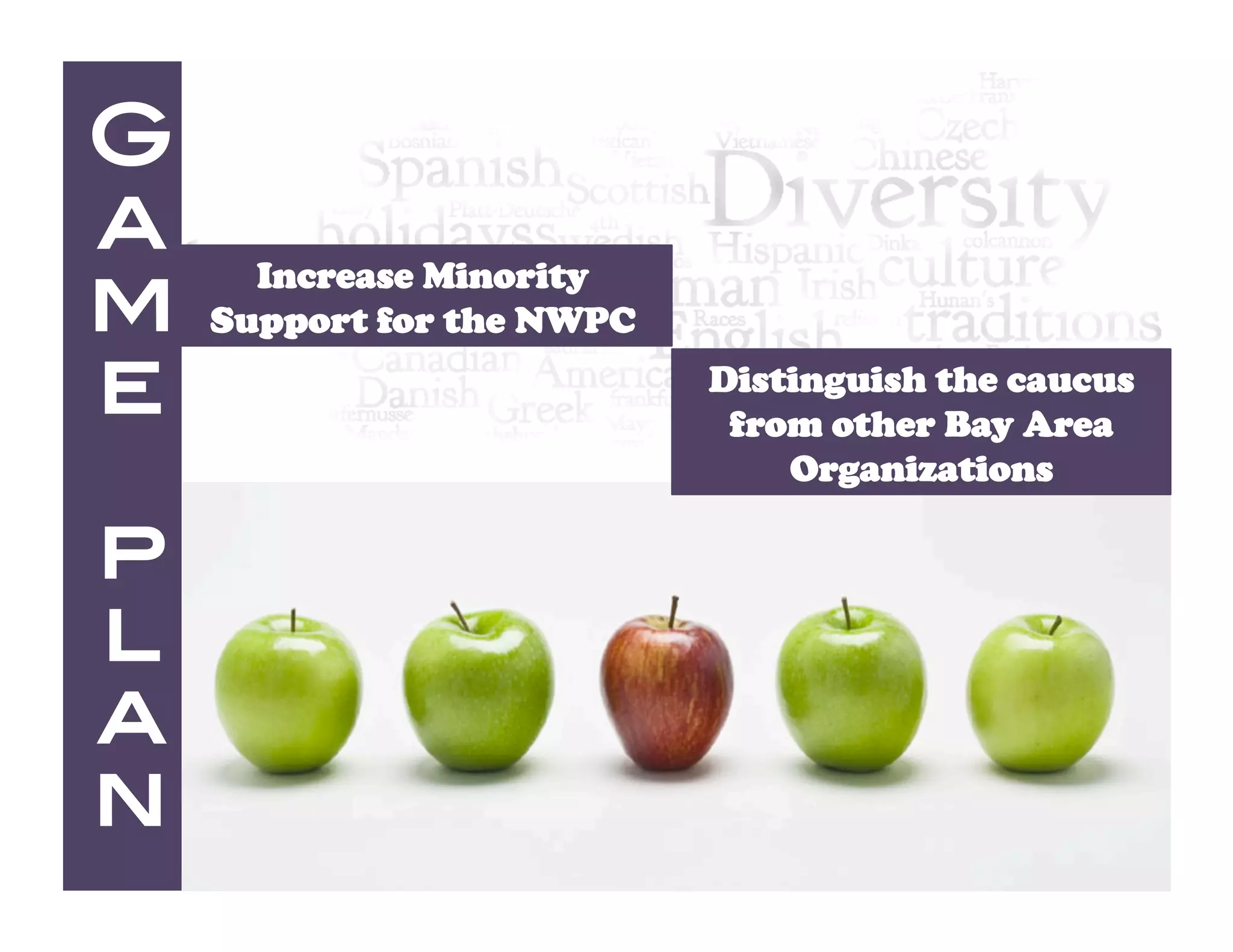 G
a
m
       Increase Minority
     Support for the NWPC 

e                            Distinguish the caucus
                              from other Bay Area
                                 Organizations 

p
l
a
n!
 