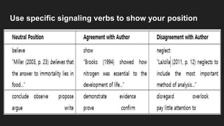 Use specific signaling verbs to show your position
 