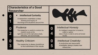 Characteristics of a Good
Researcher
0
1
A researcher undertakes a deep
thinking and inquiry of
the things and situations around him.
0
3
An intelligent researcher is honest to
collect or gather
data or facts in order to arrive at honest
results.
0
4
A productive and resourceful
investigator always creates new
researches.
0
2
The researcher is careful to conduct his
research study at the
right time and at the right place wisely,
efficiently, and economically.
0
5
The researcher is always doubtful as
to the truthfulness of the results.
 Intellectual Curiosity
Prudence
Healthy Criticism-
Intellectual Honesty
Intellectual Creativity-
 