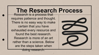 The Research Process
Research is a process that
requires patience and thought.
There is no easy way to make
certain that you have
exhausted every resource and
found the best research.
Research is more of an art
rather than a science. Below
are the steps taken when
doing research.
 