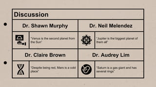 “Venus is the second planet from
the Sun”
“Jupiter is the biggest planet of
them all”
“Despite being red, Mars is a cold
place”
“Saturn is a gas giant and has
several rings”
Discussion
Dr. Shawn Murphy Dr. Neil Melendez
Dr. Claire Brown Dr. Audrey Lim
 