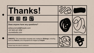 CREDITS: This presentation template was created by Slidesgo, including
icons by Flaticon, and infographics & images by Freepik
Thanks!
Does anyone have any questions?
addyouremail@freepik.com
+91 620 421 838
yourwebsite.com
Please keep this slide for attribution
 
