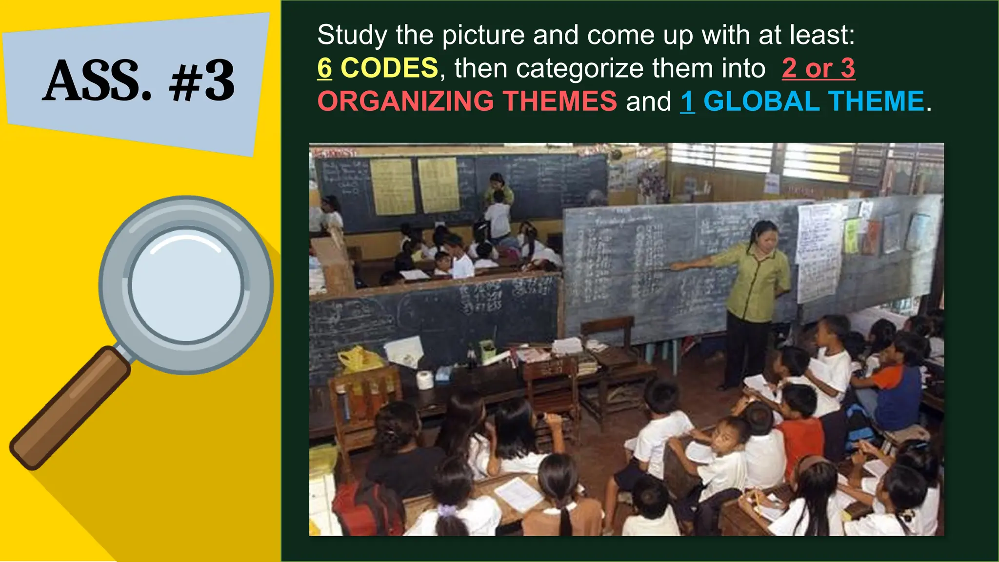 ASS. #3
Study the picture and come up with at least:
6 CODES, then categorize them into 2 or 3
ORGANIZING THEMES and 1 GLOBAL THEME.
 