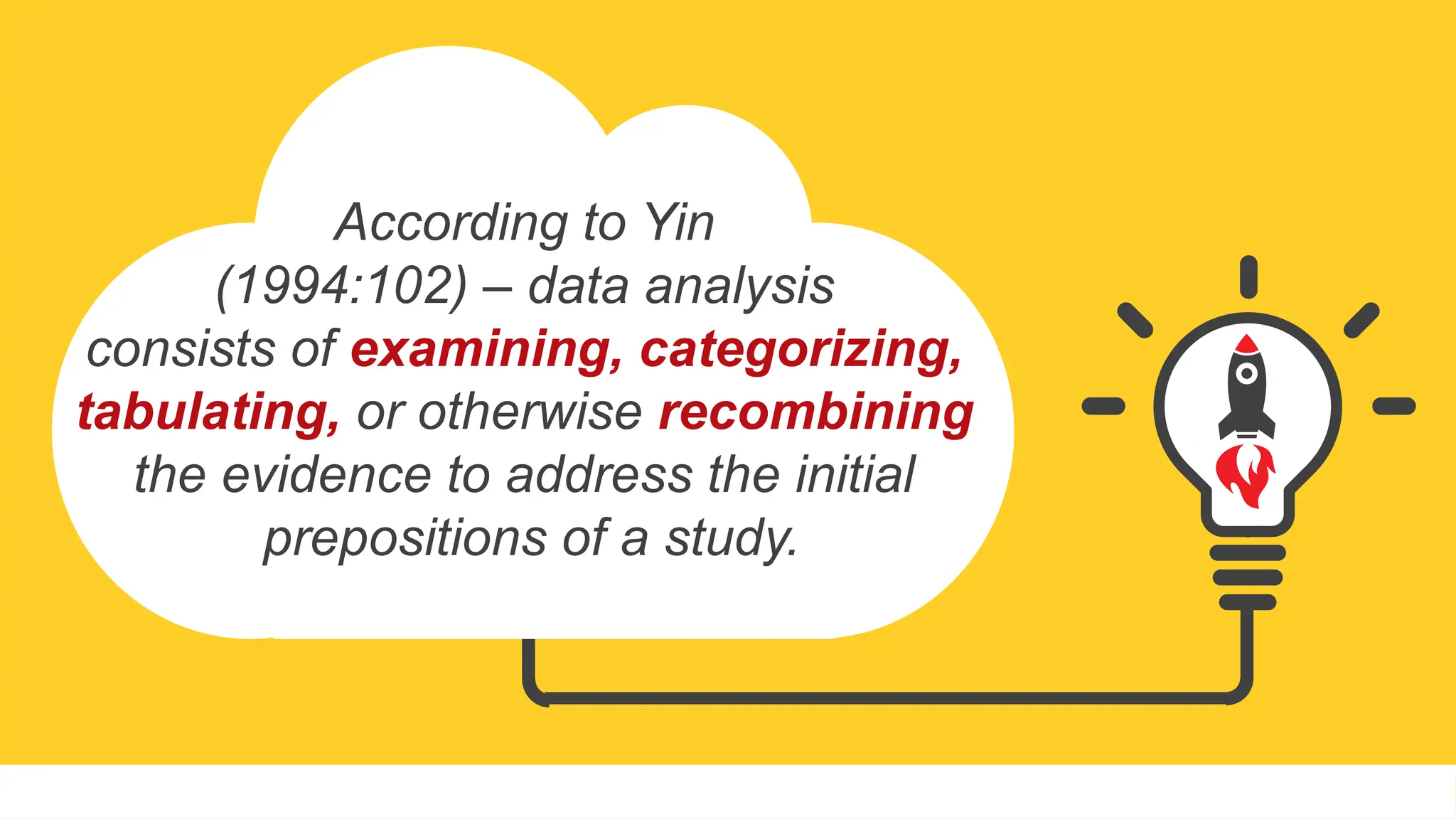 According to Yin
(1994:102) – data analysis
consists of examining, categorizing,
tabulating, or otherwise recombining
the evidence to address the initial
prepositions of a study.
 