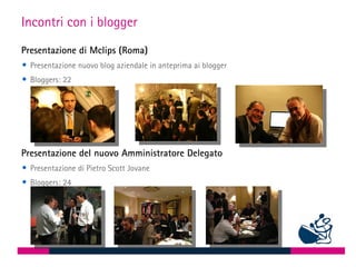 Incontri con i blogger
Presentazione di Mclips (Roma)
   Presentazione nuovo blog aziendale in anteprima ai blogger
   Bloggers: 22




Presentazione del nuovo Amministratore Delegato
   Presentazione di Pietro Scott Jovane
   Bloggers: 24
 