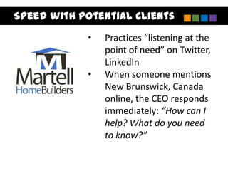 Speed with Potential Clients
            •   Practices “listening at the
                point of need” on Twitter,
                LinkedIn
            •   When someone mentions
                New Brunswick, Canada
                online, the CEO responds
                immediately: “How can I
                help? What do you need
                to know?”
 