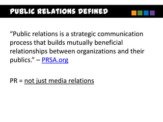 Public Relations Defined

“Public relations is a strategic communication
process that builds mutually beneficial
relationships between organizations and their
publics.” – PRSA.org

PR = not just media relations
 