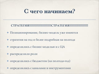 С чего начинаем?
СТРАТЕГИЯ!!!!!!!!!!!!!!!!!!!!!!!!!!!СТРАТЕГИЯ!!!!!!!!!!!!!!!!!!!!!!!.
✤ Позиционирование, бизнес-модель уже имеются1
✤ стратегия на год и более подробная на полгода1
✤ определились с бизнес-моделью и с ЦА 1
✤ распределили роли1
✤ определились с бюджетом (на полгода-год)1
✤ определились с каналами и инструментами
 