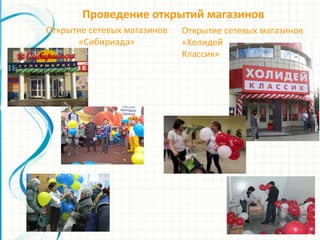 Проведение открытий магазинов
Открытие сетевых магазинов
«Холидей
Классик»
Открытие сетевых магазинов
«Сибириада»
 