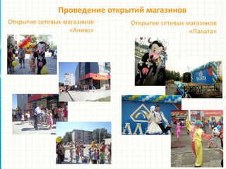Проведение открытий магазинов
Открытие сетевых магазинов
«Аникс»
Открытие сетевых магазинов
«Палата»
 
