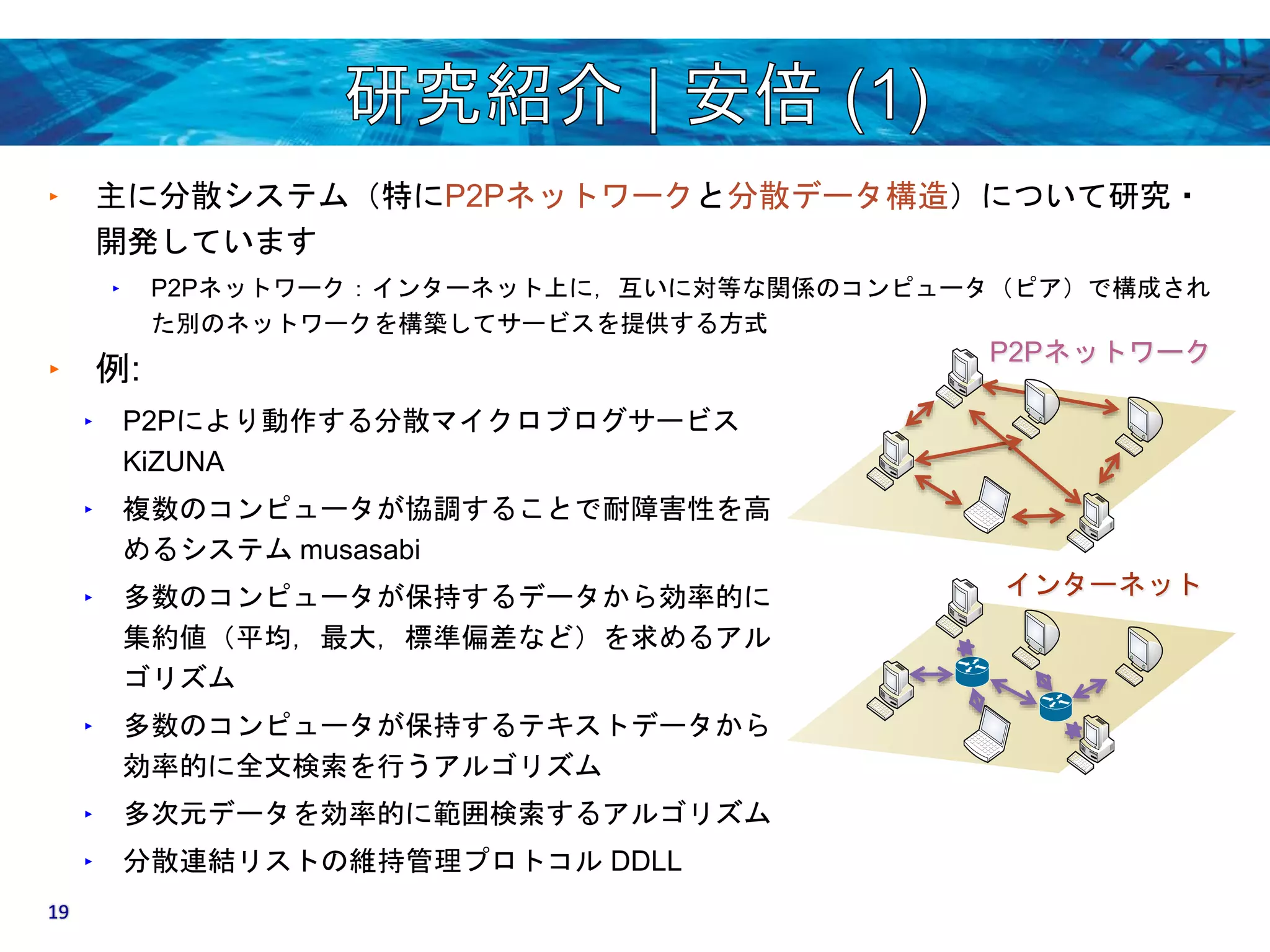 ‣ 主に分散システム（特にP2Pネットワークと分散データ構造）について研究・ 
開発しています 
‣ P2Pネットワーク：インターネット上に，互いに対等な関係のコンピュータ（ピア）で構成され 
た別のネットワークを構築してサービスを提供する方式 
P2Pネットワーク 
インターネット 
‣ 例: 
‣ P2Pにより動作する分散マイクロブログサービス 
KiZUNA 
‣ 複数のコンピュータが協調することで耐障害性を高 
めるシステムmusasabi 
‣ 多数のコンピュータが保持するデータから効率的に 
集約値（平均，最大，標準偏差など）を求めるアル 
ゴリズム 
‣ 多数のコンピュータが保持するテキストデータから 
効率的に全文検索を行うアルゴリズム 
‣ 多次元データを効率的に範囲検索するアルゴリズム 
‣ 分散連結リストの維持管理プロトコルDDLL 
19 
 