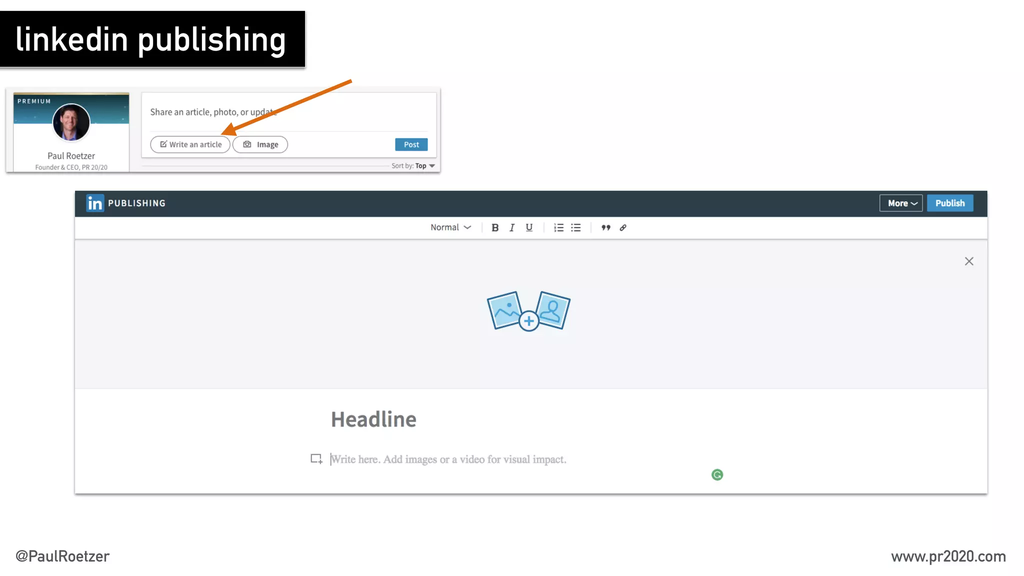 linkedin publishing
@PaulRoetzer www.pr2020.com
 