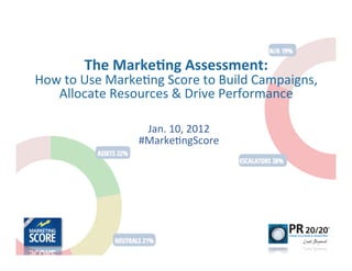 The	
  Marke)ng	
  Assessment:	
  
How	
  to	
  Use	
  Marke-ng	
  Score	
  to	
  Build	
  Campaigns,	
  
   Allocate	
  Resources	
  &	
  Drive	
  Performance

                          Jan.	
  10,	
  2012
                         #Marke-ngScore
 