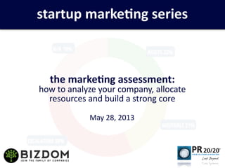 the	
  marke)ng	
  assessment:	
  
how	
  to	
  analyze	
  your	
  company,	
  allocate	
  
resources	
  and	
  build	
  a	
  strong	
  core
May	
  28,	
  2013
startup	
  marke)ng	
  series
 