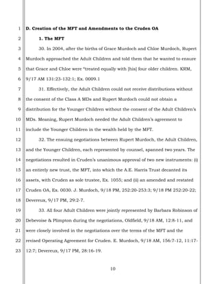 10
1
2
3
4
5
6
7
8
9
10
11
12
13
14
15
16
17
18
19
20
21
22
23
D. Creation of the MFT and Amendments to the Cruden OA
1. The MFT
30. In 2004, after the births of Grace Murdoch and Chloe Murdoch, Rupert
Murdoch approached the Adult Children and told them that he wanted to ensure
that Grace and Chloe were “treated equally with [his] four older children. KRM,
9/17 AM 131:23-132:1; Ex. 0009.1
31. Effectively, the Adult Children could not receive distributions without
the consent of the Class A MDs and Rupert Murdoch could not obtain a
distribution for the Younger Children without the consent of the Adult Children’s
MDs. Meaning, Rupert Murdoch needed the Adult Children’s agreement to
include the Younger Children in the wealth held by the MFT.
32. The ensuing negotiations between Rupert Murdoch, the Adult Children,
and the Younger Children, each represented by counsel, spanned two years. The
negotiations resulted in Cruden’s unanimous approval of two new instruments: (i)
an entirely new trust, the MFT, into which the A.E. Harris Trust decanted its
assets, with Cruden as sole trustee, Ex. 1055; and (ii) an amended and restated
Cruden OA, Ex. 0030. J. Murdoch, 9/18 PM, 252:20-253:3; 9/18 PM 252:20-22;
Devereux, 9/17 PM, 29:2-7.
33. All four Adult Children were jointly represented by Barbara Robinson of
Debevoise & Plimpton during the negotiations, Oldfield, 9/18 AM, 12:8-11, and
were closely involved in the negotiations over the terms of the MFT and the
revised Operating Agreement for Cruden. E. Murdoch, 9/18 AM, 156:7-12, 11:17-
12:7; Devereux, 9/17 PM, 28:16-19.
 