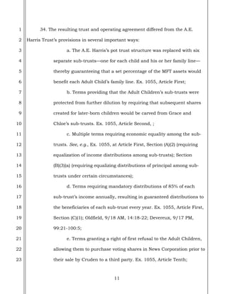 11
1
2
3
4
5
6
7
8
9
10
11
12
13
14
15
16
17
18
19
20
21
22
23
34. The resulting trust and operating agreement differed from the A.E.
Harris Trust’s provisions in several important ways:
a. The A.E. Harris’s pot trust structure was replaced with six
separate sub-trusts—one for each child and his or her family line—
thereby guaranteeing that a set percentage of the MFT assets would
benefit each Adult Child’s family line. Ex. 1055, Article First;
b. Terms providing that the Adult Children’s sub-trusts were
protected from further dilution by requiring that subsequent shares
created for later-born children would be carved from Grace and
Chloe’s sub-trusts. Ex. 1055, Article Second, ;
c. Multiple terms requiring economic equality among the sub-
trusts. See, e.g., Ex. 1055, at Article First, Section (A)(2) (requiring
equalization of income distributions among sub-trusts); Section
(B)(3)(a) (requiring equalizing distributions of principal among sub-
trusts under certain circumstances);
d. Terms requiring mandatory distributions of 85% of each
sub-trust’s income annually, resulting in guaranteed distributions to
the beneficiaries of each sub-trust every year. Ex. 1055, Article First,
Section (C)(1); Oldfield, 9/18 AM, 14:18-22; Devereux, 9/17 PM,
99:21-100:5;
e. Terms granting a right of first refusal to the Adult Children,
allowing them to purchase voting shares in News Corporation prior to
their sale by Cruden to a third party. Ex. 1055, Article Tenth;
 