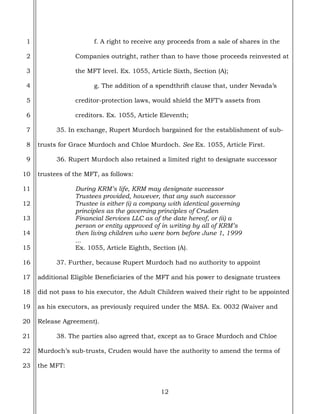 12
1
2
3
4
5
6
7
8
9
10
11
12
13
14
15
16
17
18
19
20
21
22
23
f. A right to receive any proceeds from a sale of shares in the
Companies outright, rather than to have those proceeds reinvested at
the MFT level. Ex. 1055, Article Sixth, Section (A);
g. The addition of a spendthrift clause that, under Nevada’s
creditor-protection laws, would shield the MFT’s assets from
creditors. Ex. 1055, Article Eleventh;
35. In exchange, Rupert Murdoch bargained for the establishment of sub-
trusts for Grace Murdoch and Chloe Murdoch. See Ex. 1055, Article First.
36. Rupert Murdoch also retained a limited right to designate successor
trustees of the MFT, as follows:
During KRM’s life, KRM may designate successor
Trustees provided, however, that any such successor
Trustee is either (i) a company with identical governing
principles as the governing principles of Cruden
Financial Services LLC as of the date hereof, or (ii) a
person or entity approved of in writing by all of KRM’s
then living children who were born before June 1, 1999
...
Ex. 1055, Article Eighth, Section (A).
37. Further, because Rupert Murdoch had no authority to appoint
additional Eligible Beneficiaries of the MFT and his power to designate trustees
did not pass to his executor, the Adult Children waived their right to be appointed
as his executors, as previously required under the MSA. Ex. 0032 (Waiver and
Release Agreement).
38. The parties also agreed that, except as to Grace Murdoch and Chloe
Murdoch’s sub-trusts, Cruden would have the authority to amend the terms of
the MFT:
 
