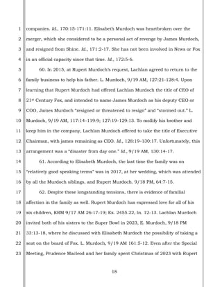 18
1
2
3
4
5
6
7
8
9
10
11
12
13
14
15
16
17
18
19
20
21
22
23
companies. Id., 170:15-171:11. Elisabeth Murdoch was heartbroken over the
merger, which she considered to be a personal act of revenge by James Murdoch,
and resigned from Shine. Id., 171:2-17. She has not been involved in News or Fox
in an official capacity since that time. Id., 172:5-6.
60. In 2015, at Rupert Murdoch’s request, Lachlan agreed to return to the
family business to help his father. L. Murdoch, 9/19 AM, 127:21-128:4. Upon
learning that Rupert Murdoch had offered Lachlan Murdoch the title of CEO of
21st Century Fox, and intended to name James Murdoch as his deputy CEO or
COO, James Murdoch “resigned or threatened to resign” and “stormed out.” L.
Murdoch, 9/19 AM, 117:14–119:9; 127:19–129:13. To mollify his brother and
keep him in the company, Lachlan Murdoch offered to take the title of Executive
Chairman, with james remaining as CEO. Id., 128:19–130:17. Unfortunately, this
arrangement was a “disaster from day one.” Id., 9/19 AM, 130:14-17.
61. According to Elisabeth Murdoch, the last time the family was on
“relatively good speaking terms” was in 2017, at her wedding, which was attended
by all the Murdoch siblings, and Rupert Murdoch. 9/18 PM, 64:7-15.
62. Despite these longstanding tensions, there is evidence of familial
affection in the family as well. Rupert Murdoch has expressed love for all of his
six children, KRM 9/17 AM 26:17-19; Ex. 2455.22, ln. 12-13. Lachlan Murdoch
invited both of his sisters to the Super Bowl in 2023, E. Murdoch, 9/18 PM
33:13-18, where he discussed with Elisabeth Murdoch the possibility of taking a
seat on the board of Fox. L. Murdoch, 9/19 AM 161:5-12. Even after the Special
Meeting, Prudence Macleod and her family spent Christmas of 2023 with Rupert
 