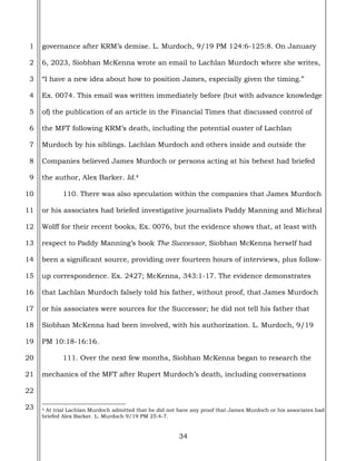 34
1
2
3
4
5
6
7
8
9
10
11
12
13
14
15
16
17
18
19
20
21
22
23
governance after KRM’s demise. L. Murdoch, 9/19 PM 124:6-125:8. On January
6, 2023, Siobhan McKenna wrote an email to Lachlan Murdoch where she writes,
“I have a new idea about how to position James, especially given the timing.”
Ex. 0074. This email was written immediately before (but with advance knowledge
of) the publication of an article in the Financial Times that discussed control of
the MFT following KRM’s death, including the potential ouster of Lachlan
Murdoch by his siblings. Lachlan Murdoch and others inside and outside the
Companies believed James Murdoch or persons acting at his behest had briefed
the author, Alex Barker. Id.4
110. There was also speculation within the companies that James Murdoch
or his associates had briefed investigative journalists Paddy Manning and Micheal
Wolff for their recent books, Ex. 0076, but the evidence shows that, at least with
respect to Paddy Manning’s book The Successor, Siobhan McKenna herself had
been a significant source, providing over fourteen hours of interviews, plus follow-
up correspondence. Ex. 2427; McKenna, 343:1-17. The evidence demonstrates
that Lachlan Murdoch falsely told his father, without proof, that James Murdoch
or his associates were sources for the Successor; he did not tell his father that
Siobhan McKenna had been involved, with his authorization. L. Murdoch, 9/19
PM 10:18-16:16.
111. Over the next few months, Siobhan McKenna began to research the
mechanics of the MFT after Rupert Murdoch’s death, including conversations
4 At trial Lachlan Murdoch admitted that he did not have any proof that James Murdoch or his associates had
briefed Alex Barker. L. Murdoch 9/19 PM 25:4-7.
 