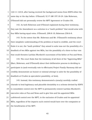 45
1
2
3
4
5
6
7
8
9
10
11
12
13
14
15
16
17
18
19
20
21
22
23
122:11-123:8, after having received the background memo from SDFS either the
same day or the day before. O’Donnell, 9/17 AM 197:18-24. Like Roberson,
O’Donnell did not personally review the MFT Agreement or Cruden OA.
142. As both Roberson and O’Donnel explained during their testimony,
they saw the Amendment as a solution to a “math problem” that would arise with
four MDs having equal votes. O’Donnell, 208:8-10; Roberson 258:6-8.
143. To the extent that Mr. Roberson and Mr. O’Donnell’s testimony about
their simplistic understanding of the problem at hand is credible, and the court
finds it is not, the “math problem” they aimed to solve was not the possibility of a
deadlock of two MDs against two MDs, but the possibility of a three-to-four vote
that could threaten Lachlan Murdoch’s succession of his father at Fox and News.
144. The court finds that the testimony of all three of the “Approving MDs”
(Barr, Roberson, and O’Donnell) about their deliberative process in deciding to
participate in (and eventually vote to effectuate) Project Family Harmony did not
credibly demonstrate an honest or rational attempt to solve for the possibility of
deadlock at Cruden (a speculative possibility, at best).
145. Instead, this testimony demonstrated a (nearly) carefully crafted
charade to lend legitimacy and plausible deniability to a scheme devised by SDFS
to consolidate control over the MFT to permanently cement Lachlan Murdoch’s
executive roles at Fox and News and to give him and his appointed MDs
unfettered control over the MFT, to the exclusion of Cruden and its appointed
MDs, regardless of the impacts such control would have over the companies or
the beneficiaries of the MFT.
 