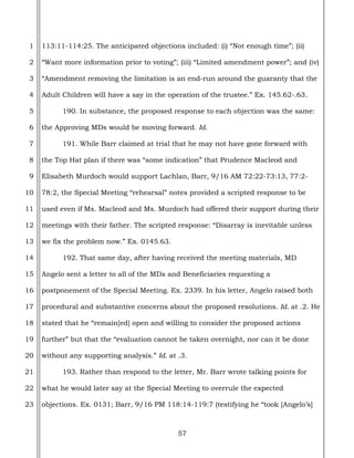 57
1
2
3
4
5
6
7
8
9
10
11
12
13
14
15
16
17
18
19
20
21
22
23
113:11-114:25. The anticipated objections included: (i) “Not enough time”; (ii)
“Want more information prior to voting”; (iii) “Limited amendment power”; and (iv)
“Amendment removing the limitation is an end-run around the guaranty that the
Adult Children will have a say in the operation of the trustee.” Ex. 145.62-.63.
190. In substance, the proposed response to each objection was the same:
the Approving MDs would be moving forward. Id.
191. While Barr claimed at trial that he may not have gone forward with
the Top Hat plan if there was “some indication” that Prudence Macleod and
Elisabeth Murdoch would support Lachlan, Barr, 9/16 AM 72:22-73:13, 77:2-
78:2, the Special Meeting “rehearsal” notes provided a scripted response to be
used even if Ms. Macleod and Ms. Murdoch had offered their support during their
meetings with their father. The scripted response: “Disarray is inevitable unless
we fix the problem now.” Ex. 0145.63.
192. That same day, after having received the meeting materials, MD
Angelo sent a letter to all of the MDs and Beneficiaries requesting a
postponement of the Special Meeting. Ex. 2339. In his letter, Angelo raised both
procedural and substantive concerns about the proposed resolutions. Id. at .2. He
stated that he “remain[ed] open and willing to consider the proposed actions
further” but that the “evaluation cannot be taken overnight, nor can it be done
without any supporting analysis.” Id. at .3.
193. Rather than respond to the letter, Mr. Barr wrote talking points for
what he would later say at the Special Meeting to overrule the expected
objections. Ex. 0131; Barr, 9/16 PM 118:14-119:7 (testifying he “took [Angelo’s]
 