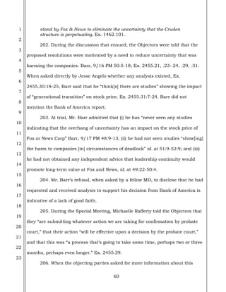 60
1
2
3
4
5
6
7
8
9
10
11
12
13
14
15
16
17
18
19
20
21
22
23
stand by Fox & News to eliminate the uncertainty that the Cruden
structure is perpetuating. Ex. 1462.101.
202. During the discussion that ensued, the Objectors were told that the
proposed resolutions were motivated by a need to reduce uncertainty that was
harming the companies. Barr, 9/16 PM 50:5-18; Ex. 2455.21, .23-.24, .29, .31.
When asked directly by Jesse Angelo whether any analysis existed, Ex.
2455.30:18-25, Barr said that he “think[s] there are studies” showing the impact
of “generational transition” on stock price. Ex. 2455.31:7-24. Barr did not
mention the Bank of America report.
203. At trial, Mr. Barr admitted that (i) he has “never seen any studies
indicating that the overhang of uncertainty has an impact on the stock price of
Fox or News Corp” Barr, 9/17 PM 48:9-13; (ii) he had not seen studies “show[ing]
the harm to companies [in] circumstances of deadlock” id. at 51:9-52:9; and (iii)
he had not obtained any independent advice that leadership continuity would
promote long-term value at Fox and News, id. at 49:22-50:4.
204. Mr. Barr’s refusal, when asked by a fellow MD, to disclose that he had
requested and received analysis to support his decision from Bank of America is
indicative of a lack of good faith.
205. During the Special Meeting, Michaelle Rafferty told the Objectors that
they “are submitting whatever action we are taking for confirmation by probate
court,” that their action “will be effective upon a decision by the probate court,”
and that this was “a process that’s going to take some time, perhaps two or three
months, perhaps even longer.” Ex. 2455.29.
206. When the objecting parties asked for more information about this
 