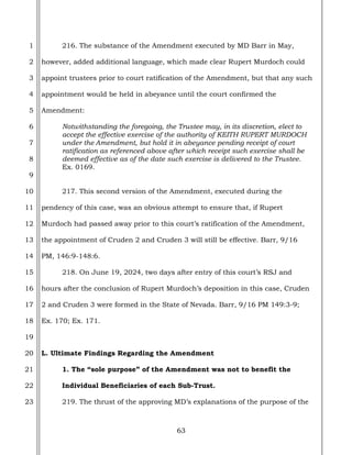 63
1
2
3
4
5
6
7
8
9
10
11
12
13
14
15
16
17
18
19
20
21
22
23
216. The substance of the Amendment executed by MD Barr in May,
however, added additional language, which made clear Rupert Murdoch could
appoint trustees prior to court ratification of the Amendment, but that any such
appointment would be held in abeyance until the court confirmed the
Amendment:
Notwithstanding the foregoing, the Trustee may, in its discretion, elect to
accept the effective exercise of the authority of KEITH RUPERT MURDOCH
under the Amendment, but hold it in abeyance pending receipt of court
ratification as referenced above after which receipt such exercise shall be
deemed effective as of the date such exercise is delivered to the Trustee.
Ex. 0169.
217. This second version of the Amendment, executed during the
pendency of this case, was an obvious attempt to ensure that, if Rupert
Murdoch had passed away prior to this court’s ratification of the Amendment,
the appointment of Cruden 2 and Cruden 3 will still be effective. Barr, 9/16
PM, 146:9-148:6.
218. On June 19, 2024, two days after entry of this court’s RSJ and
hours after the conclusion of Rupert Murdoch’s deposition in this case, Cruden
2 and Cruden 3 were formed in the State of Nevada. Barr, 9/16 PM 149:3-9;
Ex. 170; Ex. 171.
L. Ultimate Findings Regarding the Amendment
1. The “sole purpose” of the Amendment was not to benefit the
Individual Beneficiaries of each Sub-Trust.
219. The thrust of the approving MD’s explanations of the purpose of the
 