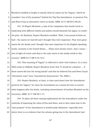 67
1
2
3
4
5
6
7
8
9
10
11
12
13
14
15
16
17
18
19
20
21
22
23
Murdoch testified at length to exactly what he meant by his “legacy,” which he
considers “one of the purposes” behind the Top Hat Amendment: to preserve Fox
and News Corp as alternative voices in media. KRM, 9/17 AM 84:5-86:20.
241. To Rupert Murdoch, a sale of the companies that would result in
leadership with different beliefs and politics would diminish his legacy no matter
the price. Id. Similarly, Rupert Murdoch testified: “Well, I was proud of what we
had – the assets we had left and I thought they were important. They were great
assets for the family and I thought they were important in the English-speaking
world, certainly in the United States ... [T]hey were known voices. And, I mean --
sort of right-of-center and they're the only voices in the media world in this
country.” KRM 9/17 AM 9:16-10:3.
242. This meaning of “legacy” is reflected in other trial evidence. In a June
2022 email to Oldfield, Rupert Murdoch wrote that “it would be a disaster ... if
these assets fell into the wrong hands” and that he believed Fox and News Corp’s
“alternative voice” were “essential for democracies.” Ex. 0066.1.
243. Rupert Murdoch, at least, is clear-eyed about how the Amendment
protects his “legacy”; he views the Amendment as a means for him to control
what happens after his death, including entrenchment of Lachlan Murdoch as his
successor. KRM, 9/17 AM 90:1-17.
244. To place all these varying explanations for the Amendment under the
umbrella of improving the value of Fox and News, and to then claim that is the
“sole purpose” of the Amendment is intellectually dishonest- especially here,
where there is no evidence that the scheme giving rise to the Amendment had
 