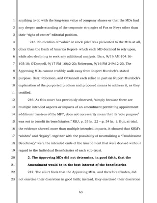 68
1
2
3
4
5
6
7
8
9
10
11
12
13
14
15
16
17
18
19
20
21
22
23
anything to do with the long-term value of company shares or that the MDs had
any deeper understanding of the corporate strategies of Fox or News other than
their “right-of-center” editorial position.
245. No mention of “value” or stock price was presented to the MDs at all,
other than the Bank of America Report- which each MD declined to rely upon,
while also declining to seek any additional analysis. Barr, 9/16 AM 104:16-
105:10; O’Donnell, 9/17 PM 168:2-23; Roberson, 9/16 PM 249:12-23. The
Approving MDs cannot credibly walk away from Rupert Murdoch’s stated
purpose. Barr, Roberson, and O’Donnell each relied in part on Rupert Murdoch’s
explanation of the purported problem and proposed means to address it, as they
testified.
246. As this court has previously observed, “simply because there are
multiple intended aspects or impacts of an amendment permitting appointment
additional trustees of the MFT, does not necessarily mean that its ‘sole purpose’
was not to benefit its beneficiaries.” RSJ, p. 33 ln. 22 – p. 34 ln. 1. But, at trial,
the evidence showed more than multiple intended impacts, it showed that KRM’s
“wishes” and “legacy”, together with the possibility of neutralizing a “Troublesome
Beneficiary” were the intended ends of the Amendment that were devised without
regard to the Individual Beneficiaries of each sub-trust.
2. The Approving MDs did not determine, in good faith, that the
Amendment would be in the best interest of the beneficiaries
247. The court finds that the Approving MDs, and therefore Cruden, did
not exercise their discretion in good faith; instead, they exercised their discretion
 