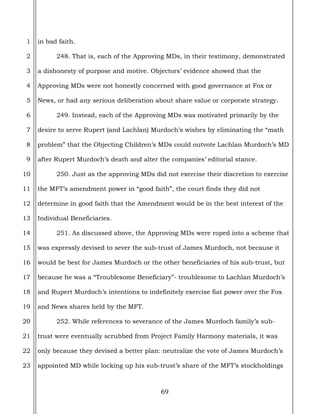 69
1
2
3
4
5
6
7
8
9
10
11
12
13
14
15
16
17
18
19
20
21
22
23
in bad faith.
248. That is, each of the Approving MDs, in their testimony, demonstrated
a dishonesty of purpose and motive. Objectors’ evidence showed that the
Approving MDs were not honestly concerned with good governance at Fox or
News, or had any serious deliberation about share value or corporate strategy.
249. Instead, each of the Approving MDs was motivated primarily by the
desire to serve Rupert (and Lachlan) Murdoch’s wishes by eliminating the “math
problem” that the Objecting Children’s MDs could outvote Lachlan Murdoch’s MD
after Rupert Murdoch’s death and alter the companies’ editorial stance.
250. Just as the approving MDs did not exercise their discretion to exercise
the MFT’s amendment power in “good faith”, the court finds they did not
determine in good faith that the Amendment would be in the best interest of the
Individual Beneficiaries.
251. As discussed above, the Approving MDs were roped into a scheme that
was expressly devised to sever the sub-trust of James Murdoch, not because it
would be best for James Murdoch or the other beneficiaries of his sub-trust, but
because he was a “Troublesome Beneficiary”- troublesome to Lachlan Murdoch’s
and Rupert Murdoch’s intentions to indefinitely exercise fiat power over the Fox
and News shares held by the MFT.
252. While references to severance of the James Murdoch family’s sub-
trust were eventually scrubbed from Project Family Harmony materials, it was
only because they devised a better plan: neutralize the vote of James Murdoch’s
appointed MD while locking up his sub-trust’s share of the MFT’s stockholdings
 