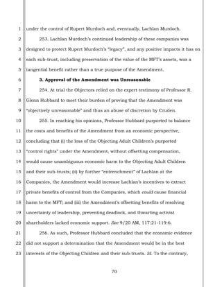70
1
2
3
4
5
6
7
8
9
10
11
12
13
14
15
16
17
18
19
20
21
22
23
under the control of Rupert Murdoch and, eventually, Lachlan Murdoch.
253. Lachlan Murdoch’s continued leadership of these companies was
designed to protect Rupert Murdoch’s “legacy”, and any positive impacts it has on
each sub-trust, including preservation of the value of the MFT’s assets, was a
tangential benefit rather than a true purpose of the Amendment.
3. Approval of the Amendment was Unreasonable
254. At trial the Objectors relied on the expert testimony of Professor R.
Glenn Hubbard to meet their burden of proving that the Amendment was
“objectively unreasonable” and thus an abuse of discretion by Cruden.
255. In reaching his opinions, Professor Hubbard purported to balance
the costs and benefits of the Amendment from an economic perspective,
concluding that (i) the loss of the Objecting Adult Children’s purported
“control rights” under the Amendment, without offsetting compensation,
would cause unambiguous economic harm to the Objecting Adult Children
and their sub-trusts; (ii) by further “entrenchment” of Lachlan at the
Companies, the Amendment would increase Lachlan’s incentives to extract
private benefits of control from the Companies, which could cause financial
harm to the MFT; and (iii) the Amendment’s offsetting benefits of resolving
uncertainty of leadership, preventing deadlock, and thwarting activist
shareholders lacked economic support. See 9/20 AM, 117:21-119:6.
256. As such, Professor Hubbard concluded that the economic evidence
did not support a determination that the Amendment would be in the best
interests of the Objecting Children and their sub-trusts. Id. To the contrary,
 