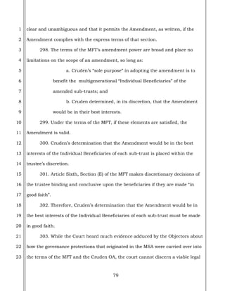 79
1
2
3
4
5
6
7
8
9
10
11
12
13
14
15
16
17
18
19
20
21
22
23
clear and unambiguous and that it permits the Amendment, as written, if the
Amendment complies with the express terms of that section.
298. The terms of the MFT’s amendment power are broad and place no
limitations on the scope of an amendment, so long as:
a. Cruden’s “sole purpose” in adopting the amendment is to
benefit the multigenerational “Individual Beneficiaries” of the
amended sub-trusts; and
b. Cruden determined, in its discretion, that the Amendment
would be in their best interests.
299. Under the terms of the MFT, if these elements are satisfied, the
Amendment is valid.
300. Cruden’s determination that the Amendment would be in the best
interests of the Individual Beneficiaries of each sub-trust is placed within the
trustee’s discretion.
301. Article Sixth, Section (E) of the MFT makes discretionary decisions of
the trustee binding and conclusive upon the beneficiaries if they are made “in
good faith”.
302. Therefore, Cruden’s determination that the Amendment would be in
the best interests of the Individual Beneficiaries of each sub-trust must be made
in good faith.
303. While the Court heard much evidence adduced by the Objectors about
how the governance protections that originated in the MSA were carried over into
the terms of the MFT and the Cruden OA, the court cannot discern a viable legal
 
