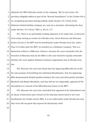 92
1
2
3
4
5
6
7
8
9
10
11
12
13
14
15
16
17
18
19
20
21
22
23
eliminate the MD’s fiduciary duties to the company: “By its very terms, the
provision allegedly added as part of the “Second Amendment” to the Cruden OA is
an exculpatory provision limiting liability under Section 18-1101(e) of the
Delaware limited liability company act, and not a provision eliminating the duty
under Section 18-1101(c).” RSJ, p. 48, ln. 3-7.
351. There is an potentially availing argument to be made that, as directors
of an entity serving as trustee of a Nevada trust, those directors owe fiduciary
duties of trust to the MFT and its beneficiaries under Nevada trust law, rather
than to Cruden (and the MFT, its member) as a Delaware company. This is a
distinction without a difference, however, because the court concludes that the
breaches of fiduciary duty by the MDs in this case would be equally actionable
whether the court applies Delaware business organization law or Nevada trust
law.
352. Because the court has found that the Approving MDs did not act for
the sole purpose of benefitting the Individual Beneficiaries, that the Approving
MDs demonstrated divided loyalties between the trust and third parties (Lachlan
Murdoch and Rupert Murdoch), and they did not act impartially, approval of the
Amendment is a breach of the MDs fiduciary duties to the MFT.
353. Because the court has concluded that approval of the Amendment was
an abuse of discretion and a breach of the fiduciary duties owed to the trust
beneficiaries by Cruden and its MDs, it is not enforceable under Nevada law and
this court will not grant this request for declaratory relief.
 