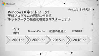 Windows × ネットワーク!
更新プログラムの展開に使える
ネットワークの最適化機能をマスターしよう
#mstsjp18 #PR24
BranchCache 配信の最適化 LEDBAT
2001～ 2009 ～ 2015 ～ 2018 ～
QoS
BITS
 
