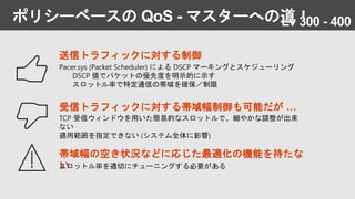 ポリシーベースの QoS - マスターへの道！
帯域幅の空き状況などに応じた最適化の機能を持たな
いスロットル率を適切にチューニングする必要がある
送信トラフィックに対する制御
Pacer.sys (Packet Scheduler) による DSCP マーキングとスケジューリング
DSCP 値でパケットの優先度を明示的に示す
スロットル率で特定通信の帯域を確保／制限
受信トラフィックに対する帯域幅制御も可能だが …
TCP 受信ウィンドウを用いた簡易的なスロットルで、細やかな調整が出来
ない
適用範囲を指定できない (システム全体に影響)
Lv 300 - 400
 