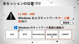 本セッションの位置づけ
Lv 300 - 400
中・上級
者
QoS BITS BranchCache 配信の最適
化
LEDBAT
 
