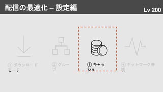 配信の最適化 – 設定編
① ダウンロード
モード
② グルー
プ
④ ネットワーク帯
域
③ キャッ
シュ
Lv 200
 