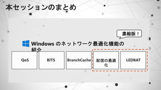 本セッションのまとめ
QoS BITS BranchCache 配信の最適
化
LEDBAT
 