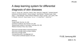 A Deep Learning Approach to Antibiotic Discovery
PR-246
주성훈, Samsung SDS
2020. 5. 10.
A deep learning system for differential diagnosis of skin diseases
Google Health
 