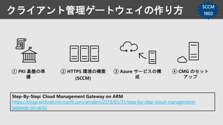 クライアント管理ゲートウェイの作り方
② HTTPS 環境の構築
(SCCM)
① PKI 基盤の準
備
③ Azure サービスの構
成
④ CMG のセット
アップ
SCCM
1802
Step-By-Step: Cloud Management Gateway on ARM
https://blogs.technet.microsoft.com/arnabm/2018/03/31/step-by-step-cloud-management-
gateway-on-arm/
 
