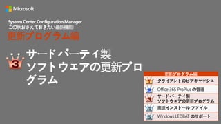 サードパーティ製
ソフトウェアの更新プロ
グラム
System Center Configuration Manager
この秋おさえておきたい最新機能!
更新プログラム編
更新プログラム編
クライアントのピアキャッシュ
Office 365 ProPlus の管理
サードパーティ製
ソフトウェアの更新プログラム
高速インストール ファイル
Windows LEDBAT のサポート
 